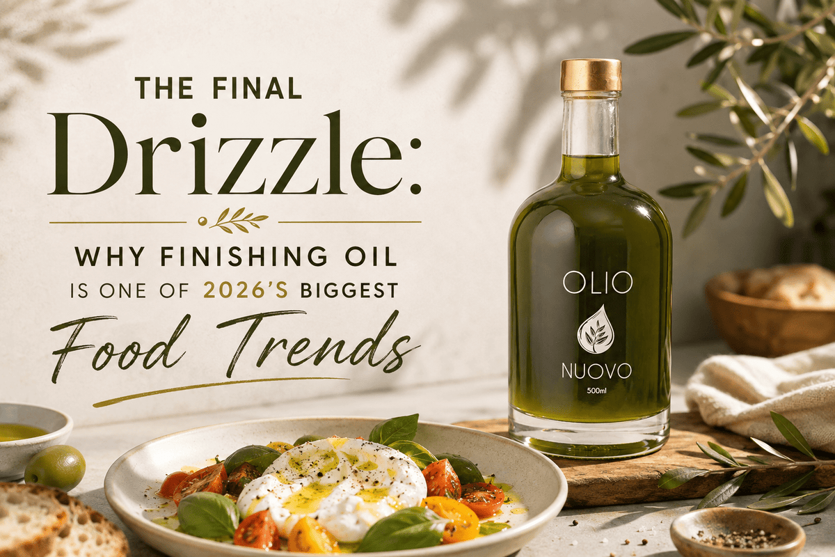 Olio Nuovo bottle with fresh olives and olive oil pouring into a bowl beside the title about bitter, peppery olive oil notes.