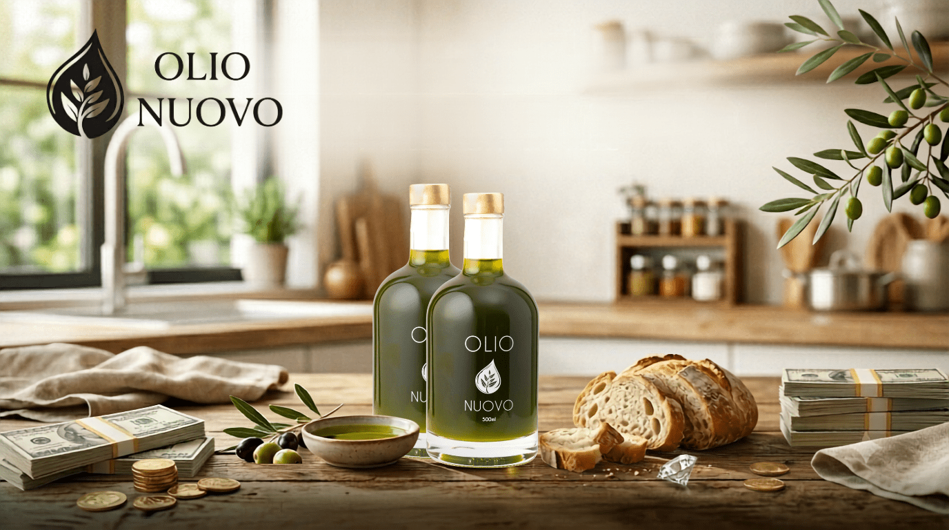 Olio Nuovo fresh harvest extra virgin olive oil bottle with bread and kitchen setting