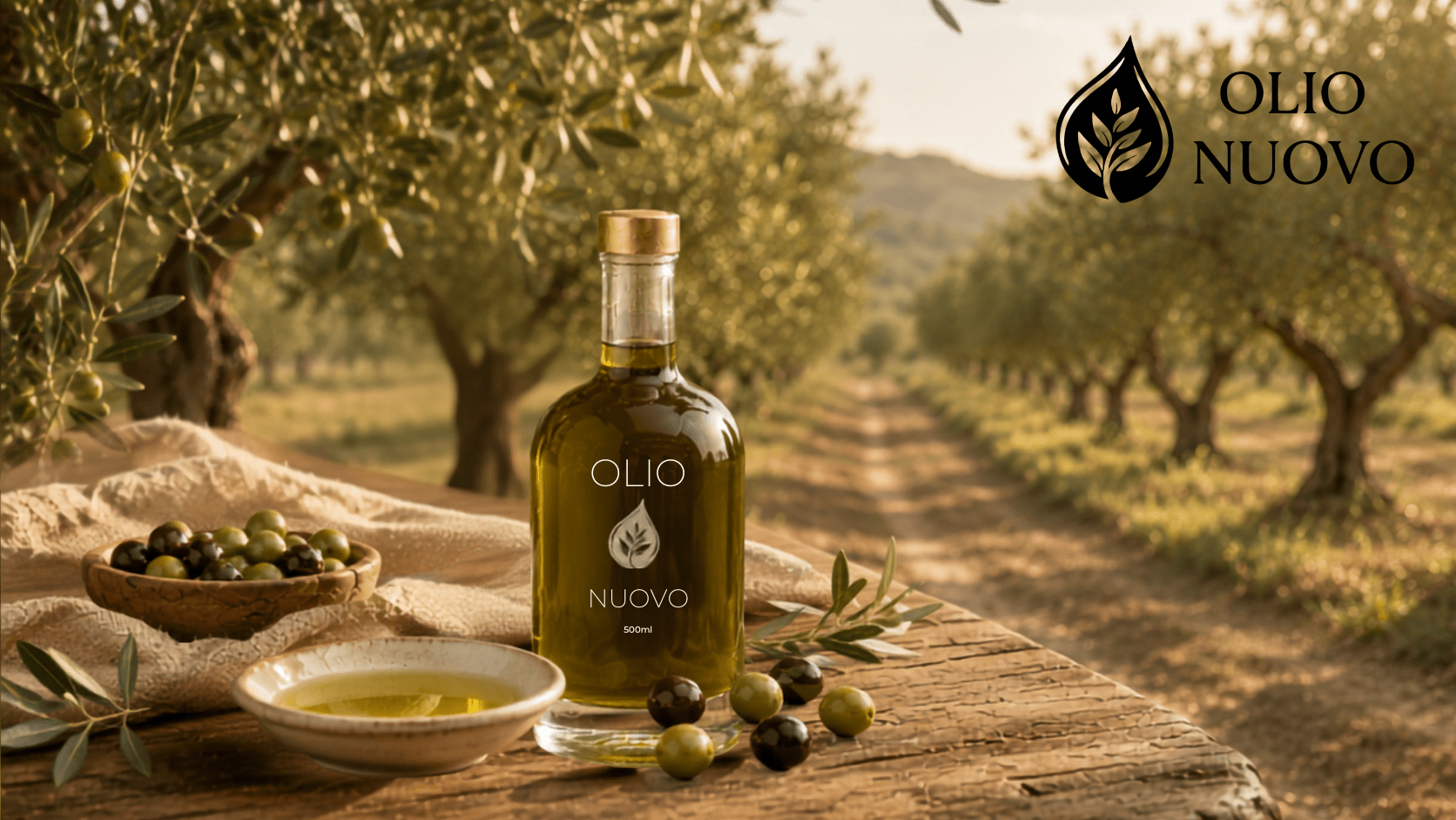 Sunlit olive grove with rows of mature trees ready for harvest at Olio Nuovo