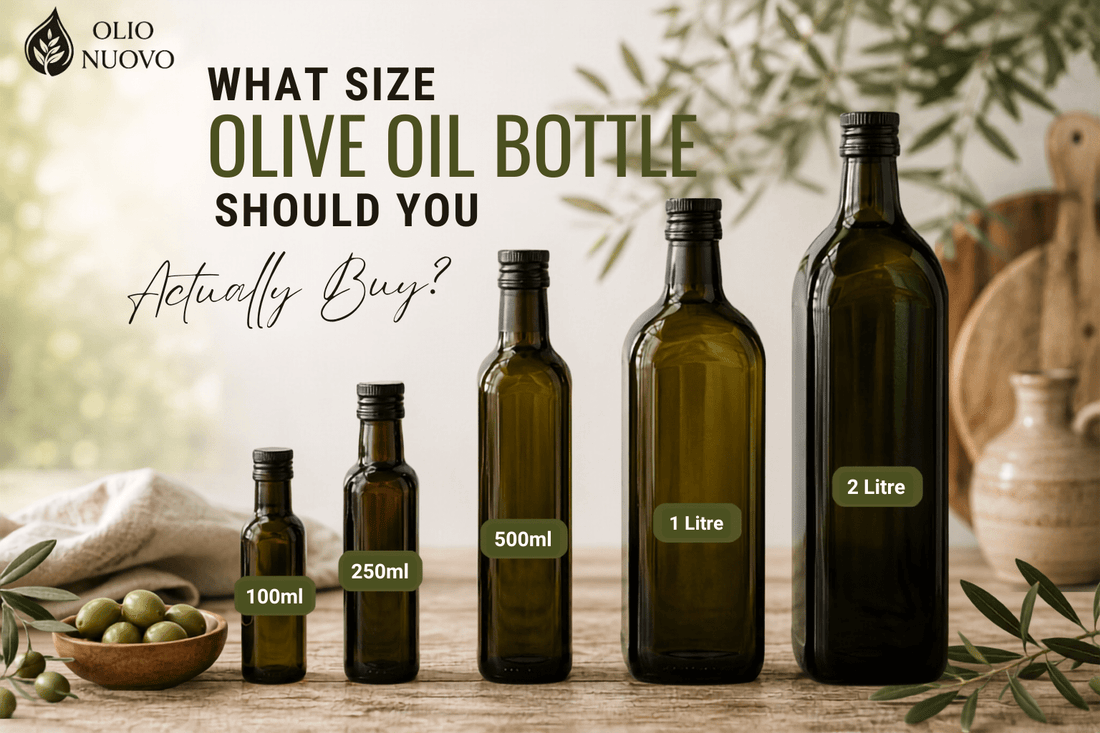 Olio Nuovo olive oil bottles in five sizes
