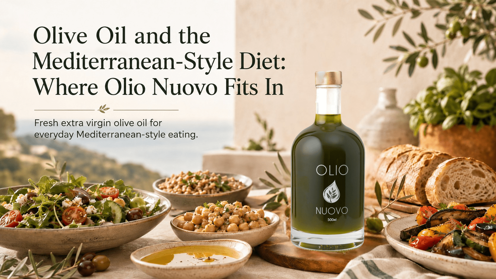 Olive oil bottle and Mediterranean diet foods on a table