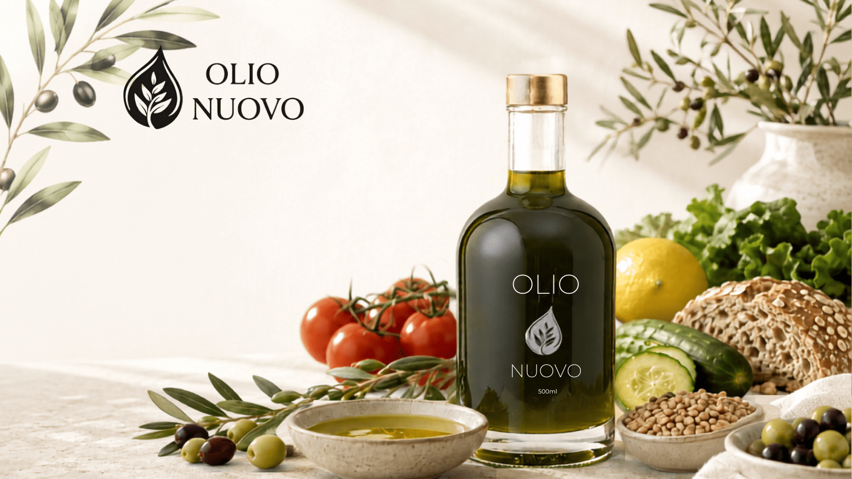 Fresh tomatoes, olives, and Mediterranean ingredients styled with Olio Nuovo olive oil
