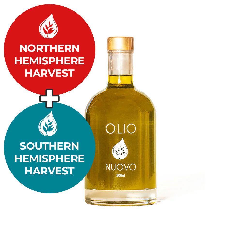 Olio Nuovo olive oil jug alongside seasonal harvest bottles